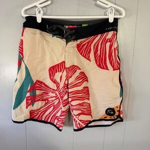 Quiksilver Board Shorts Mens 29 Cream Red Highline 4-Way Stretch Tropical Leaf
